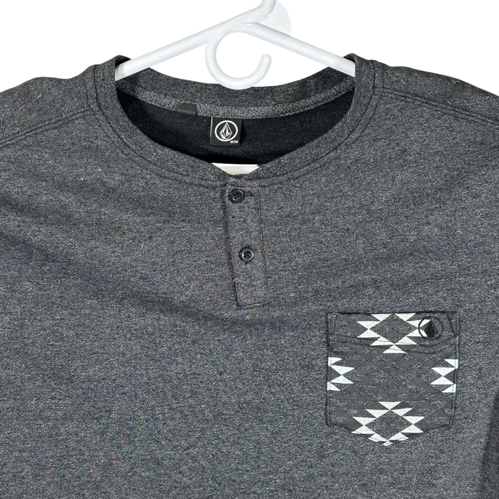 Volcom Mens Long Sleeve Henley Shirt Charcoal Grey Geometric Pocket Medium